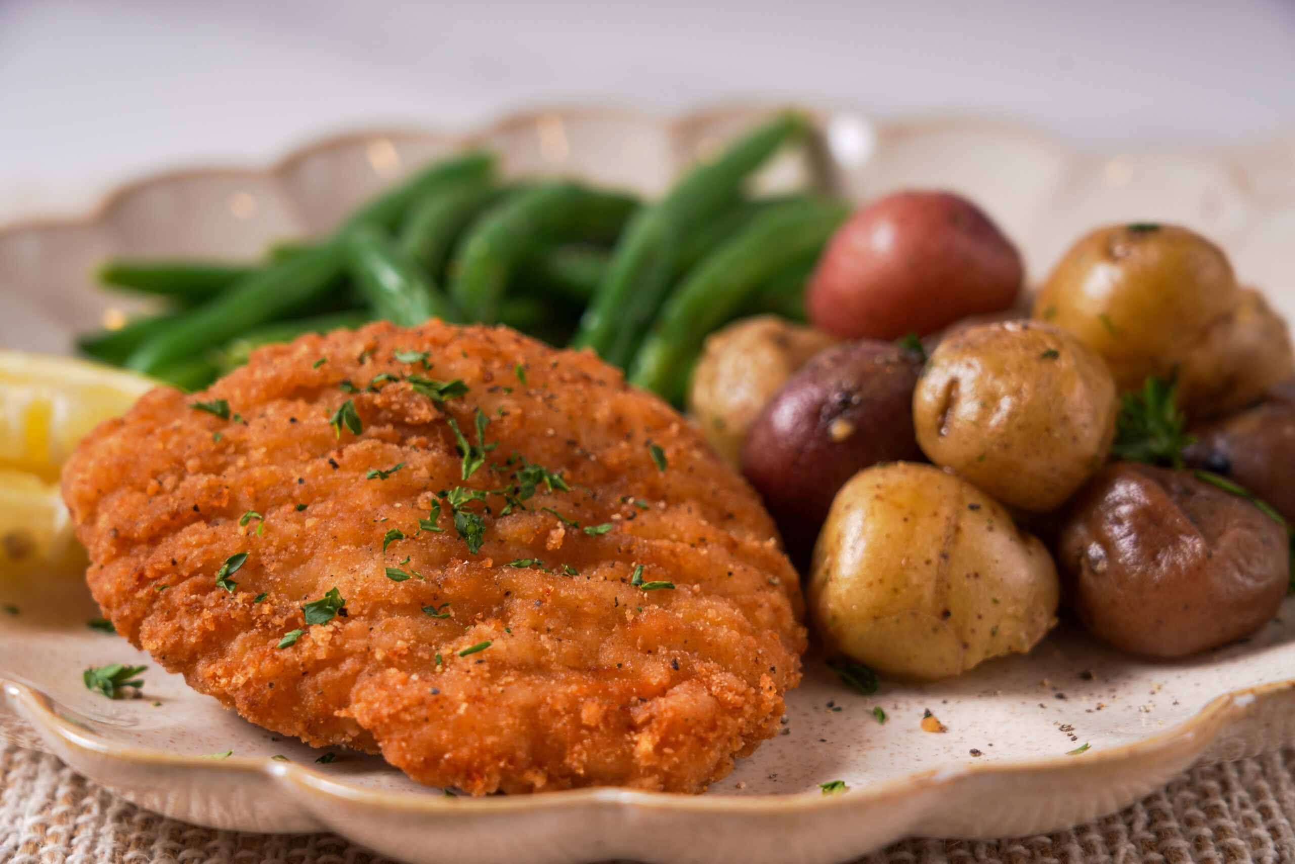 Recipe for Breaded Chicken Dinner with Mini Potatoes and Green Beans